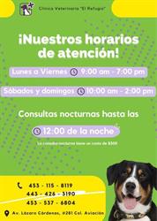 Veterinaria El Refugio en Apatzingán en Apatzingán de la Constitución (Aviación) - Horario de apertura